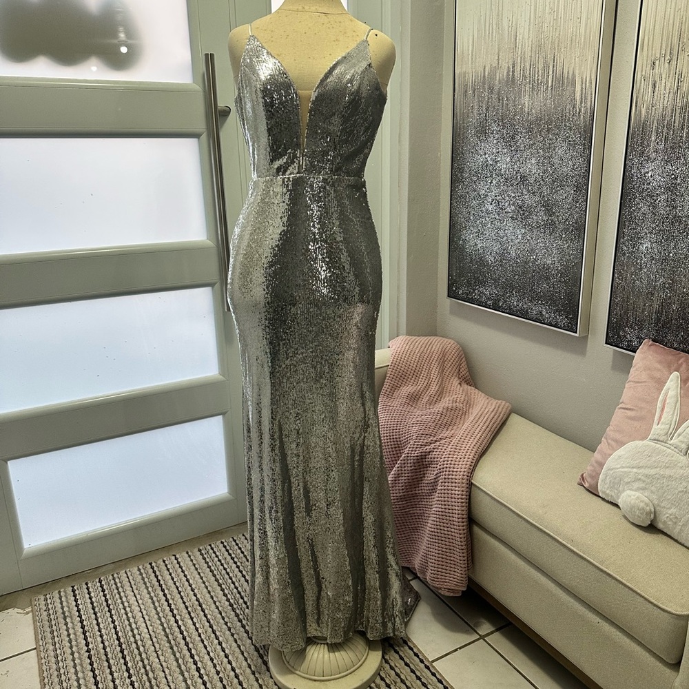 2x$100- Silver Sequin Plunge V-Neck Gown